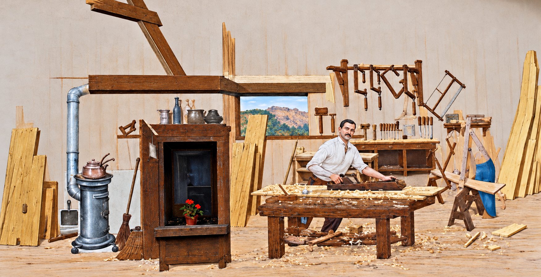 Fresque murale de l'atelier : un menuisier rabote une planche sur son établi, entouré de planches, d'outils accrochés au mur et d'un poêle.