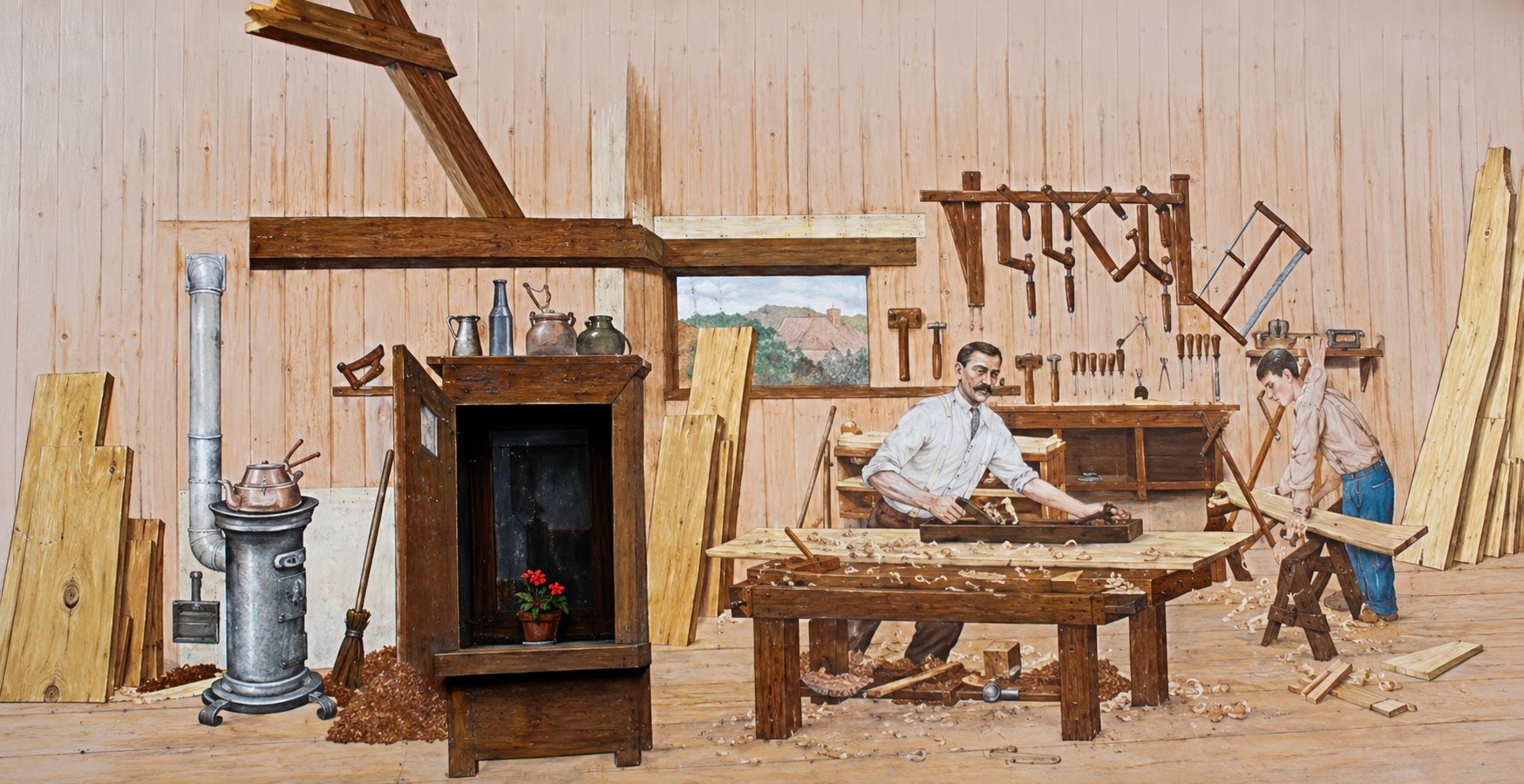 Fresque murale représentant l'atelier de menuiserie, avec l'établi, les planches et les outils accrochés au mur.