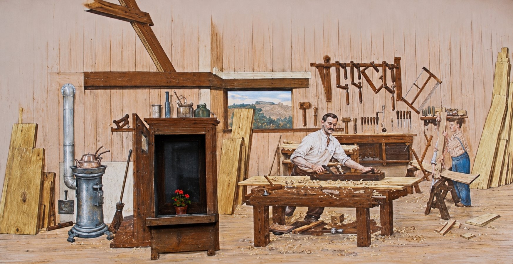 Fresque murale de l'atelier : un menuisier au travail et un apprenti près des planches empilées.