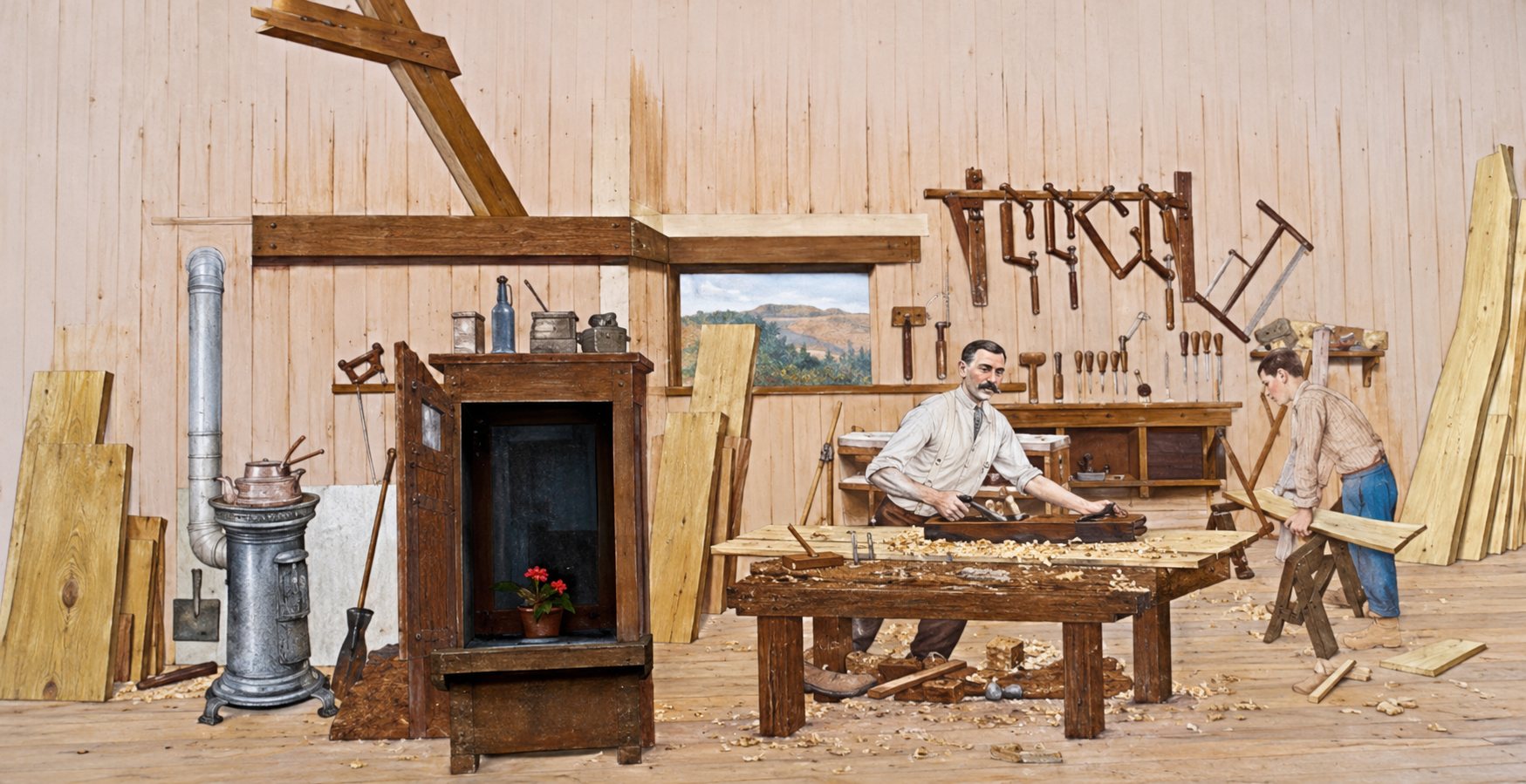 Fresque murale de l'atelier de menuiserie avec ses artisans, ses planches empilées et ses outils.