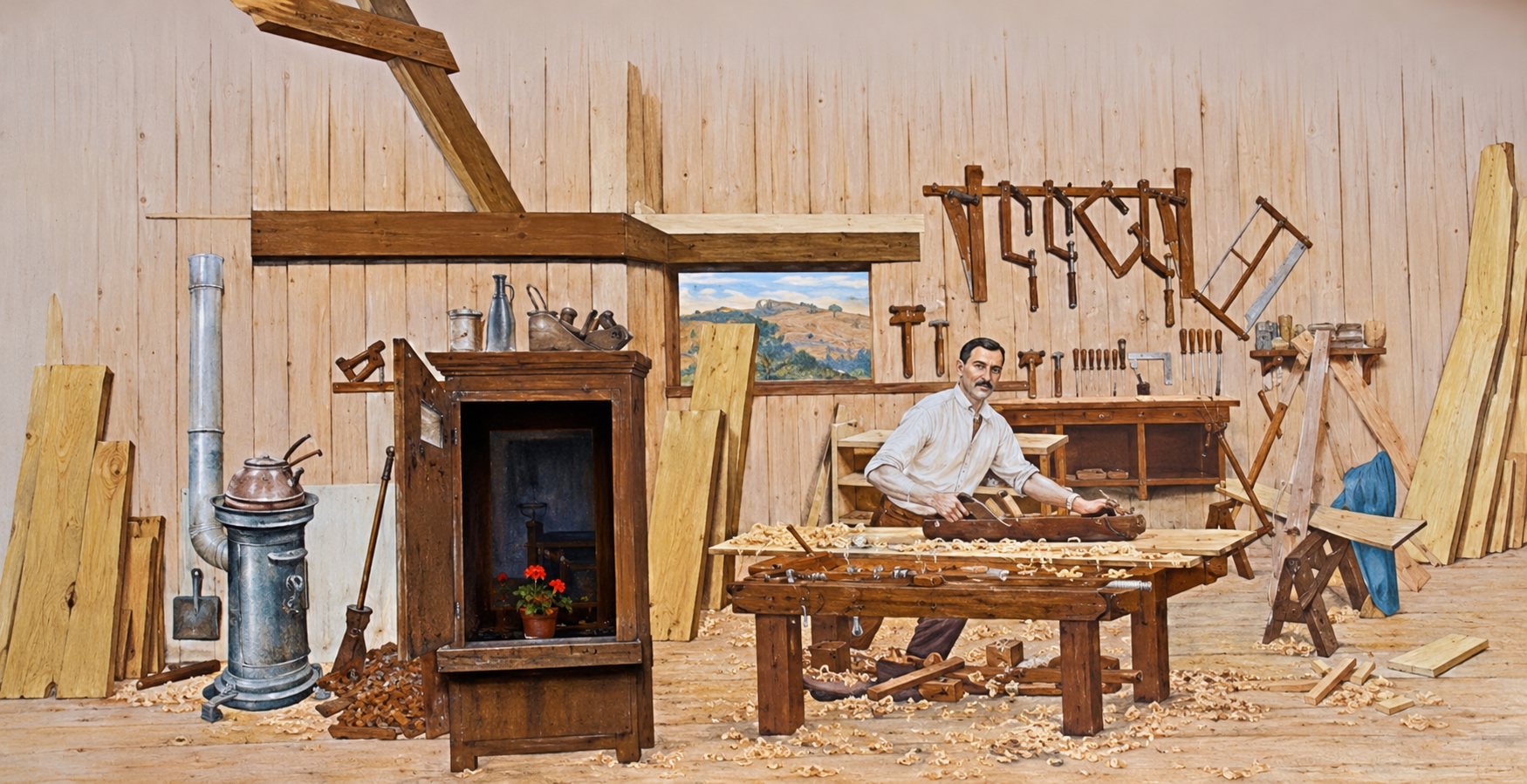 Fresque murale d'un menuisier travaillant à son établi, avec les outils accrochés au mur.