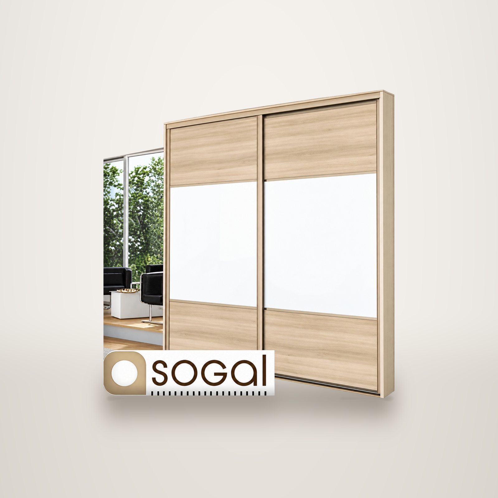 Portes de placard coulissantes en bois clair et verre blanc, du fournisseur Sogal.